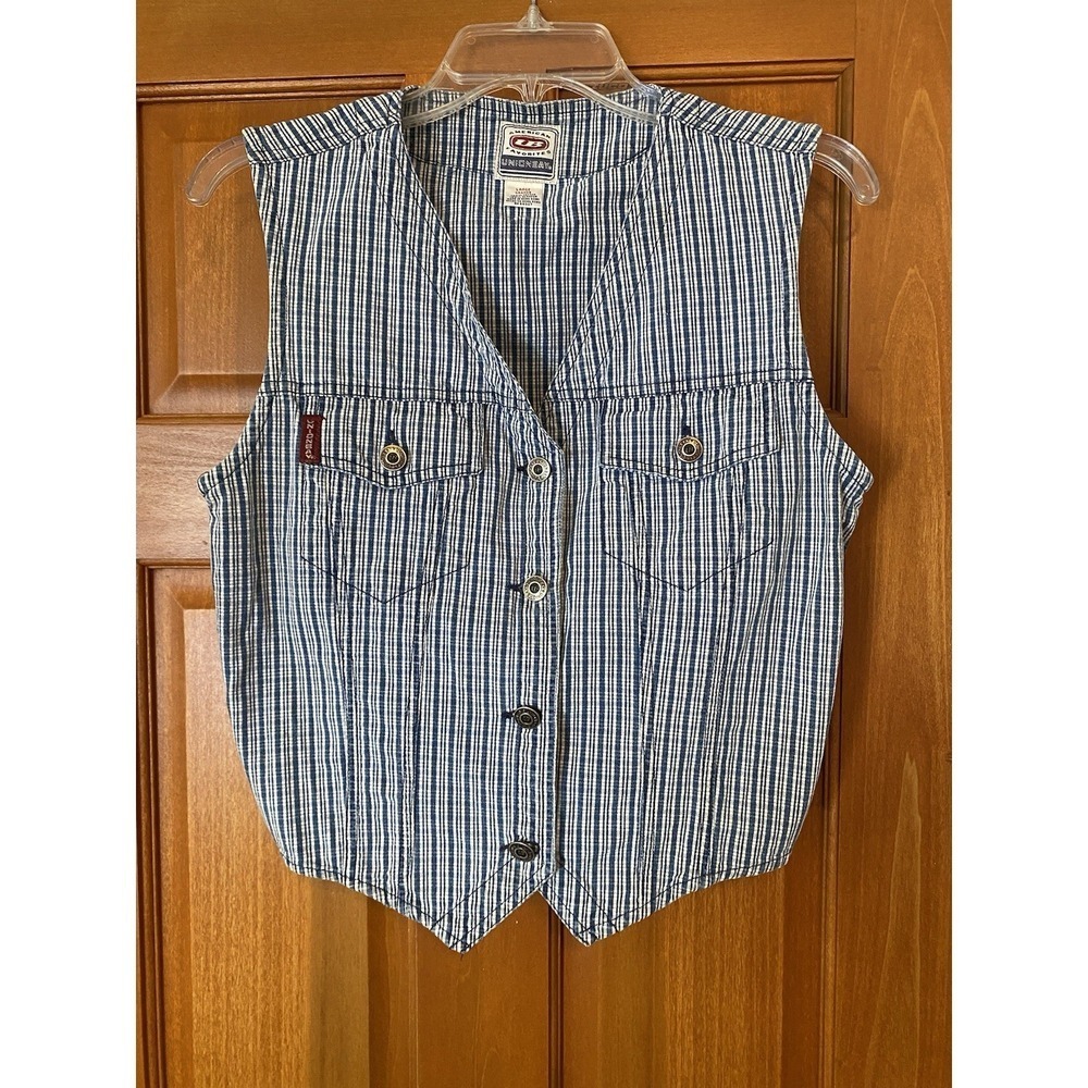 VTG 90s Women's Medium Striped Sleeveless Vest Retro V Neck Skater Denim Button